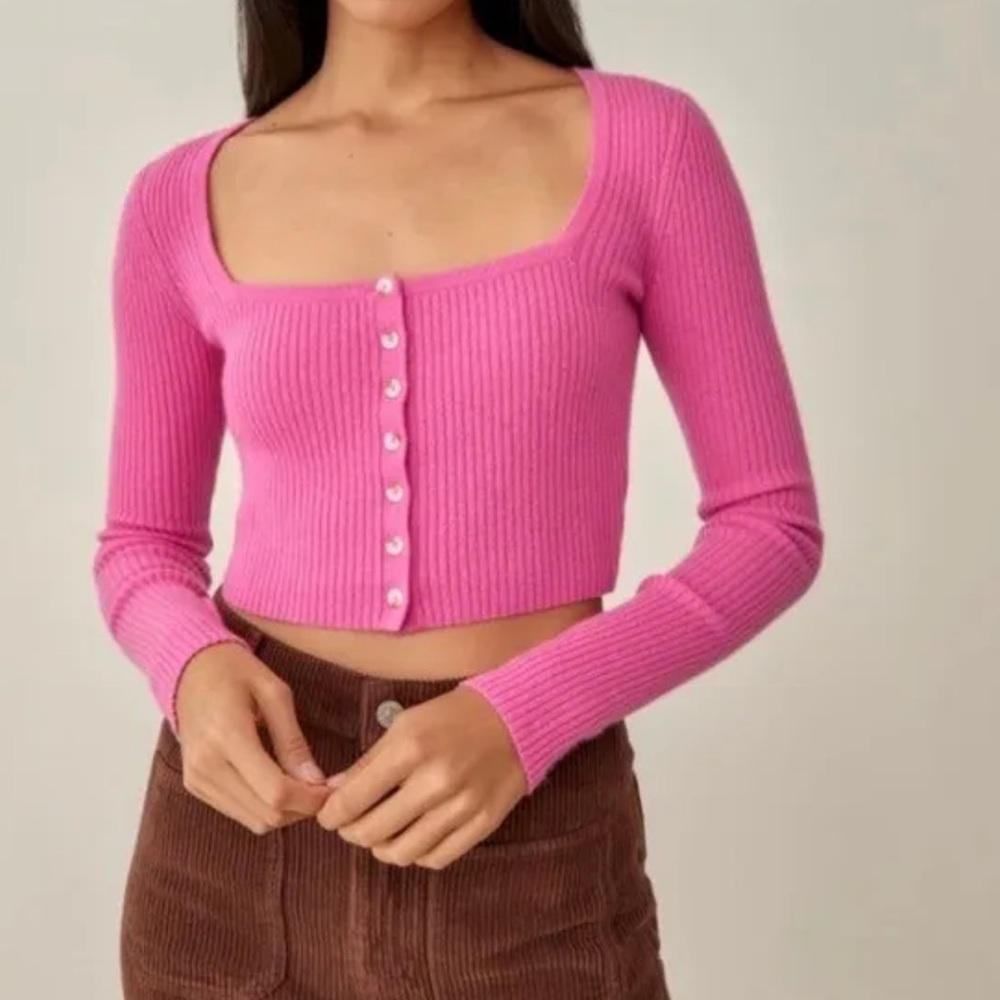 Bubble gum pink reformation cropped square neck cardigan